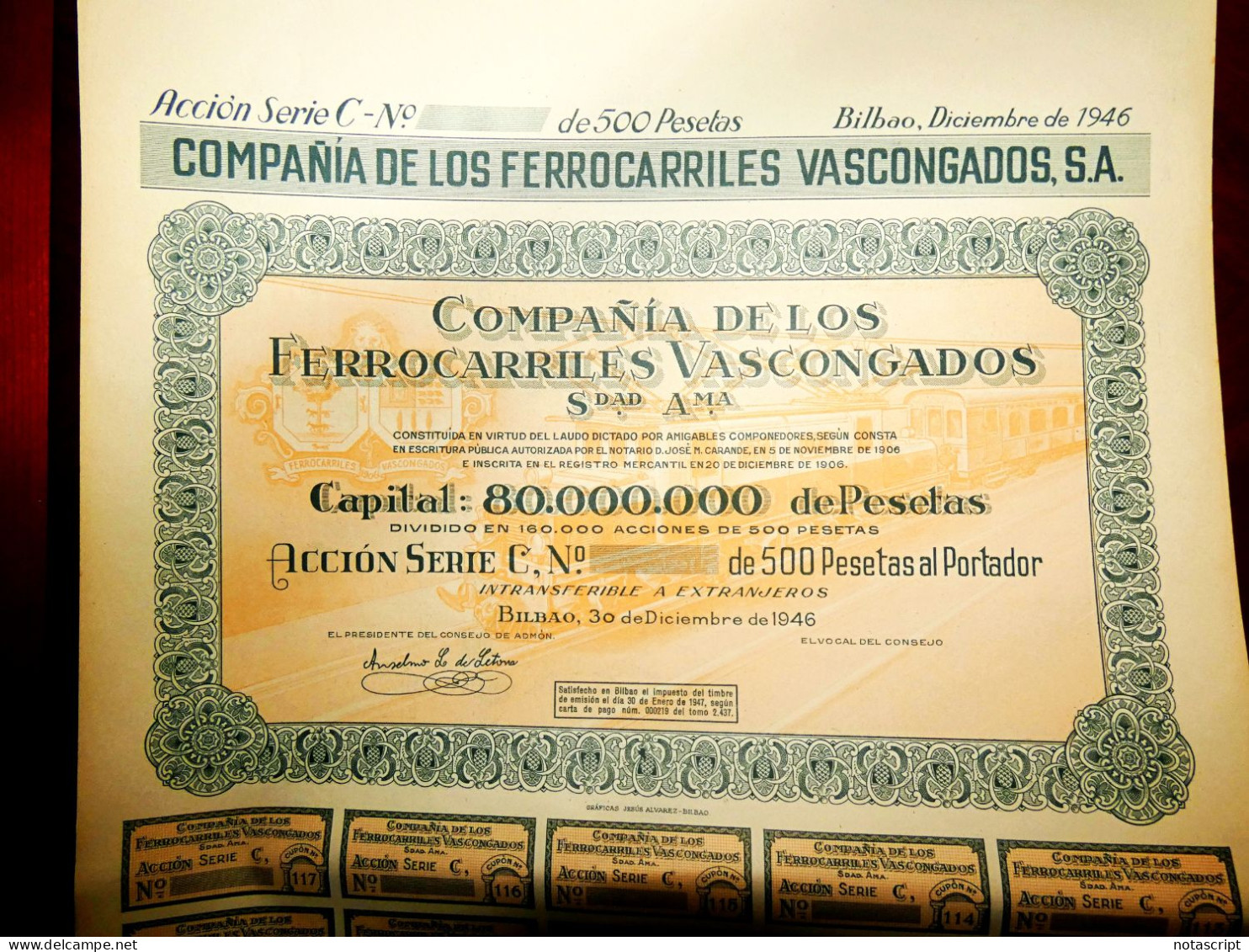 Compañía De Los Ferrocarriles Vascongados ,Bilbao 1946 Unissued Share Certificate - Bahnwesen & Tramways