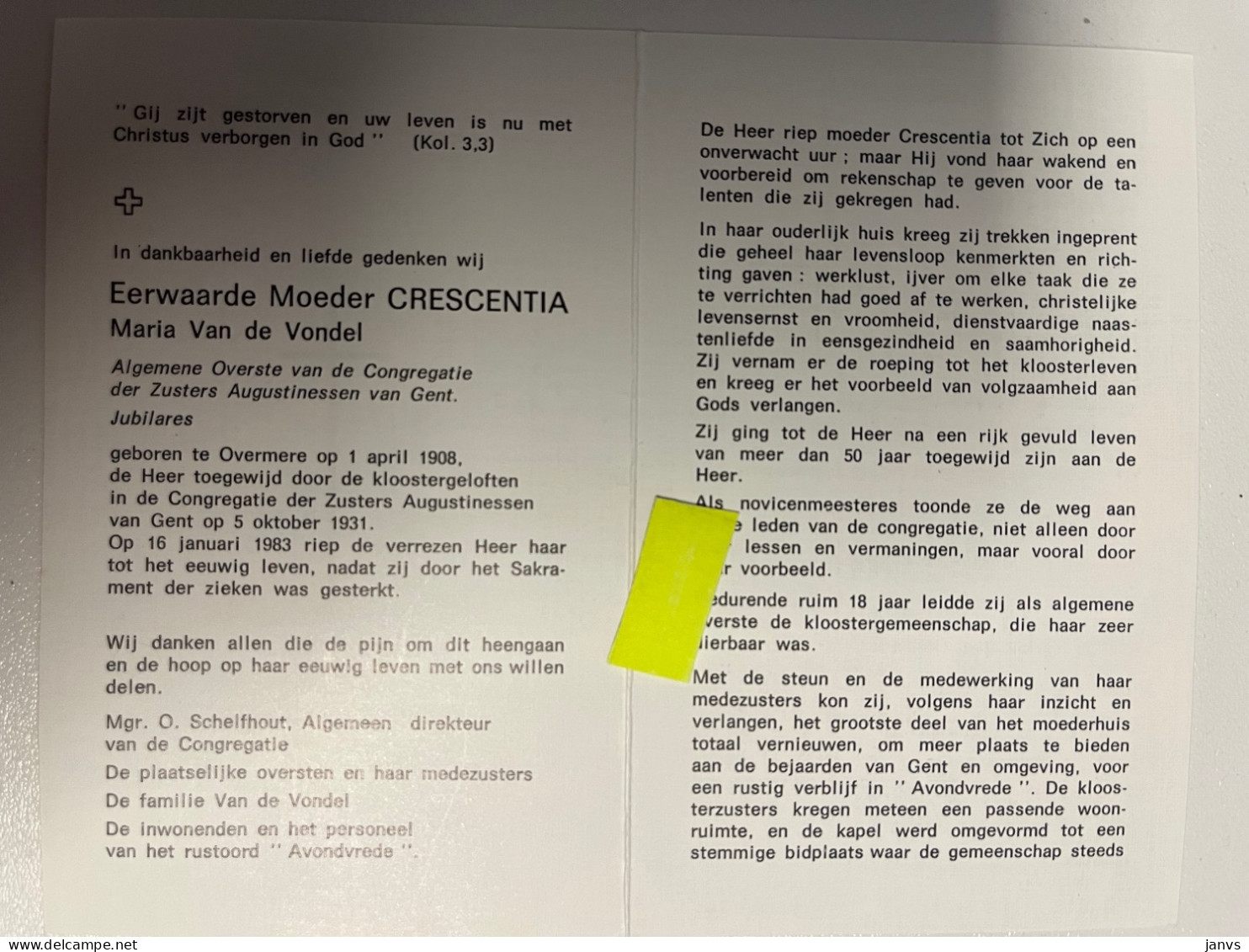 Devotie DP - Overlijden - Zuster Moeder Crescentia - Van De Vondel - Overmere 1908 - Gent 1983 - Avvisi Di Necrologio