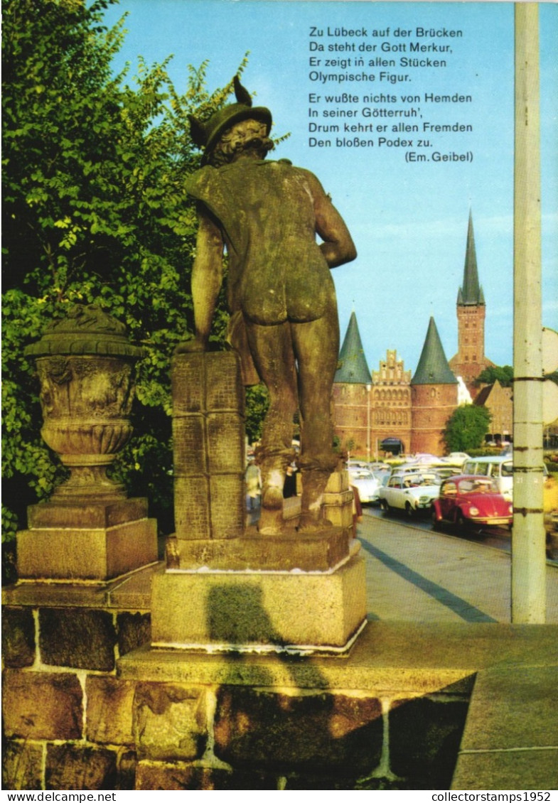 LUEBECK, SCHLESWIG-HOLSTEIN, DOLL BRIDGE, STATUE, GOD MERCURY, ARCHITECTURE, TOWER, CARS, GERMANY, POSTCARD - Luebeck