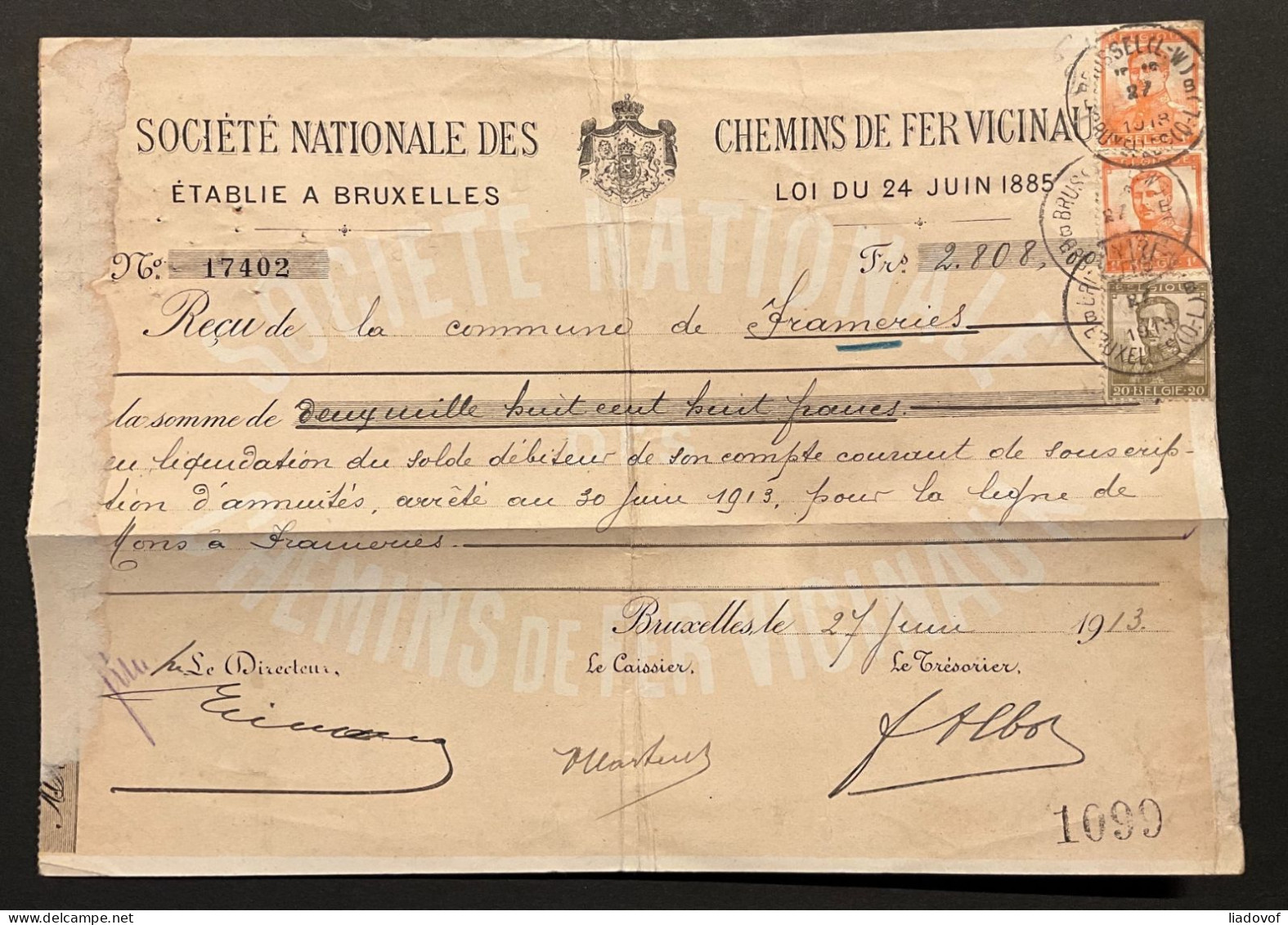 3 Quittance / Reçu Affr. OBP 112+115+116 - Société Nationale Des Chemins De Fer Vicinaux - 1912 Pellens