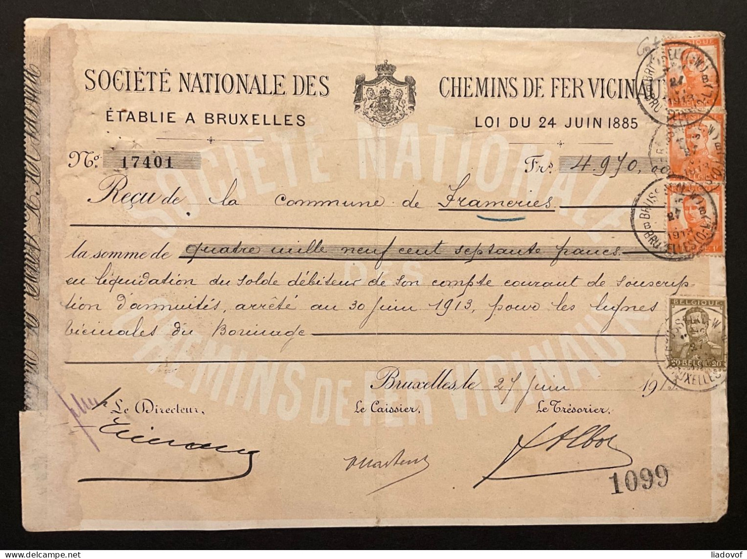 3 Quittance / Reçu Affr. OBP 112+115+116 - Société Nationale Des Chemins De Fer Vicinaux - 1912 Pellens