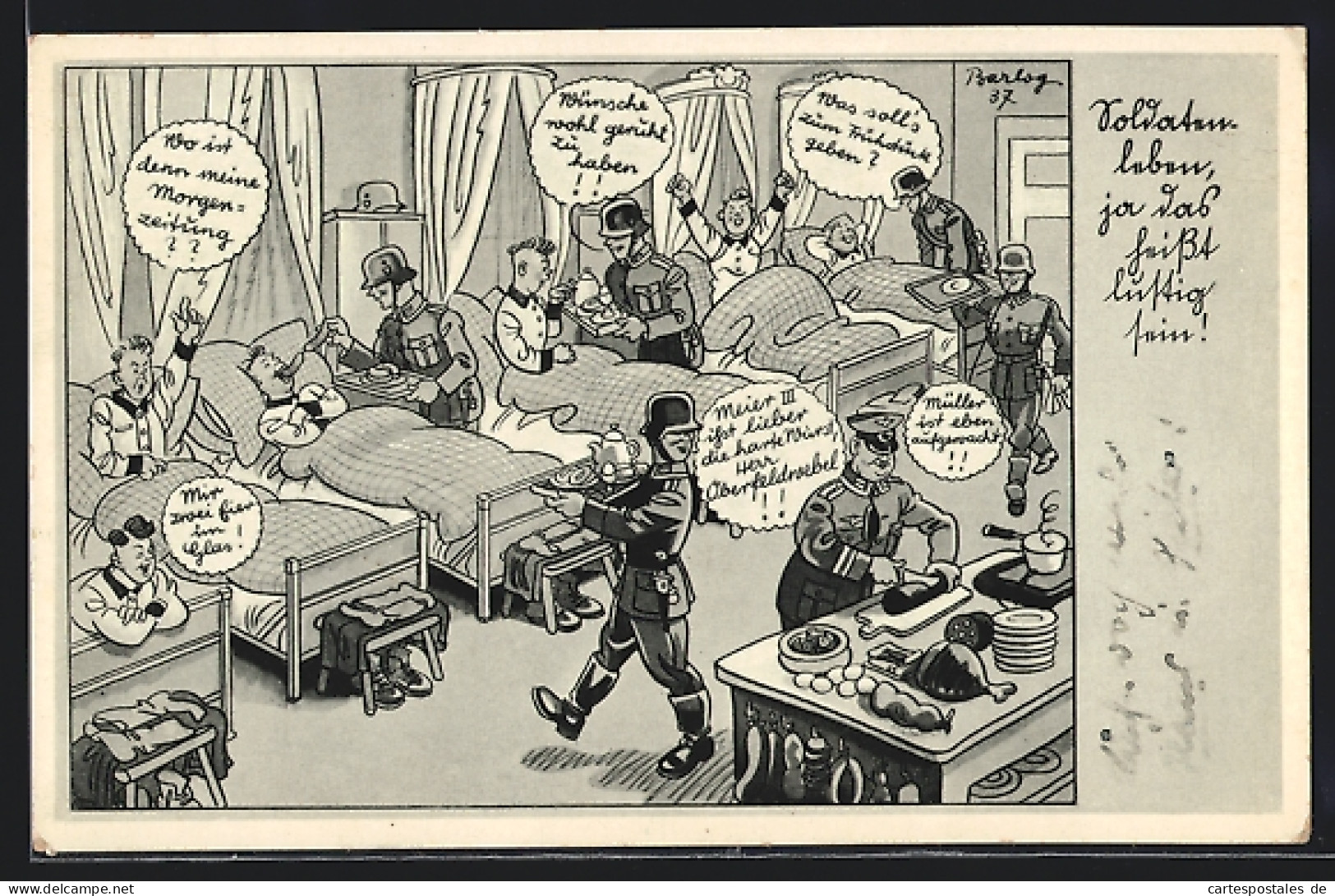 Künstler-AK Ferdinand Barlog: Soldaten Im Schlafsaal Erhalten Das Frühstück Am Bett  - Autres & Non Classés