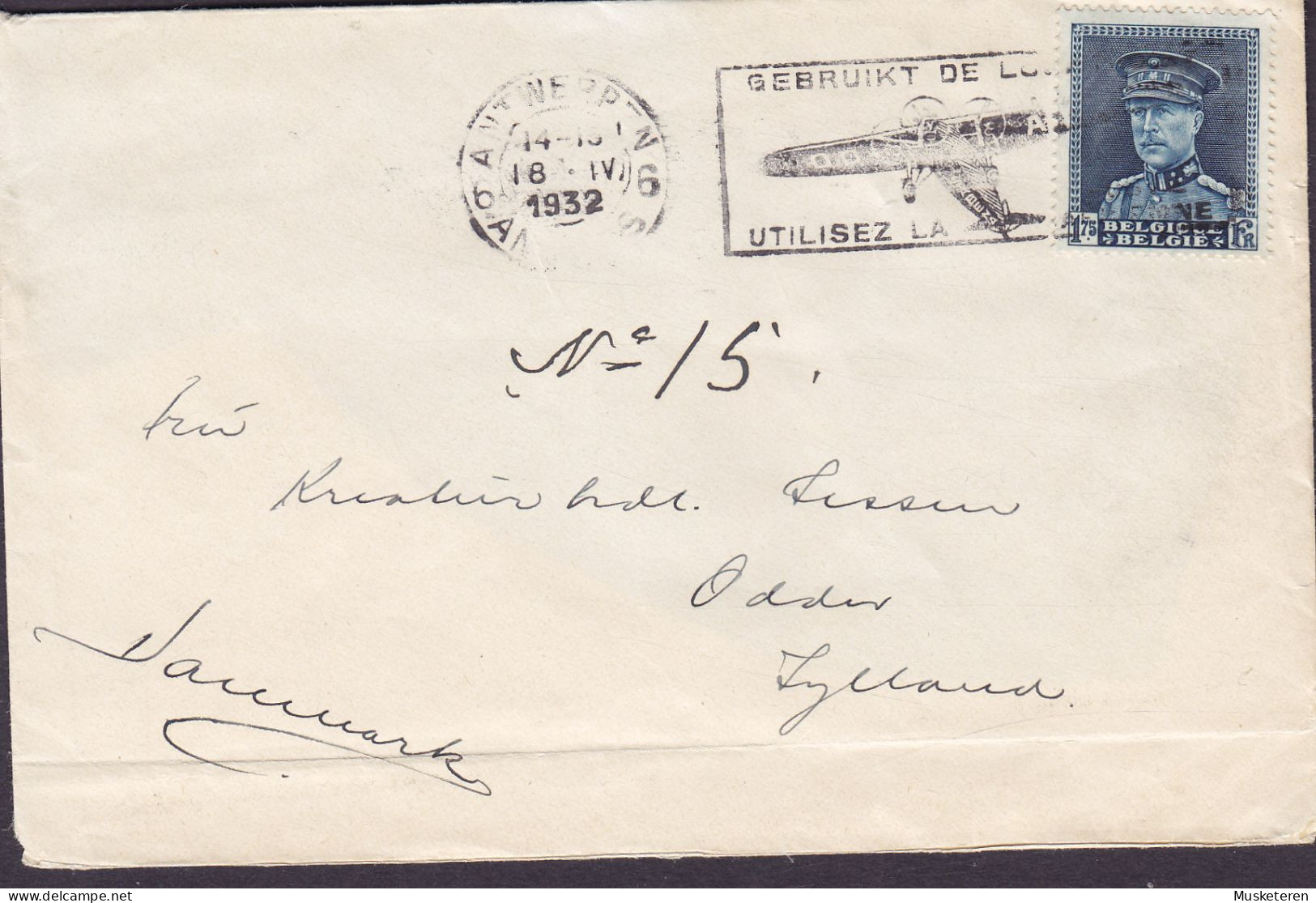 Belgium Slogan Flamme 'Utilisez La Poste Aerienne' ANTWERPEN 1932 'Petite' Cover Lettre ODDER Jylland Denmark Montenez - 1929-1941 Grande Montenez