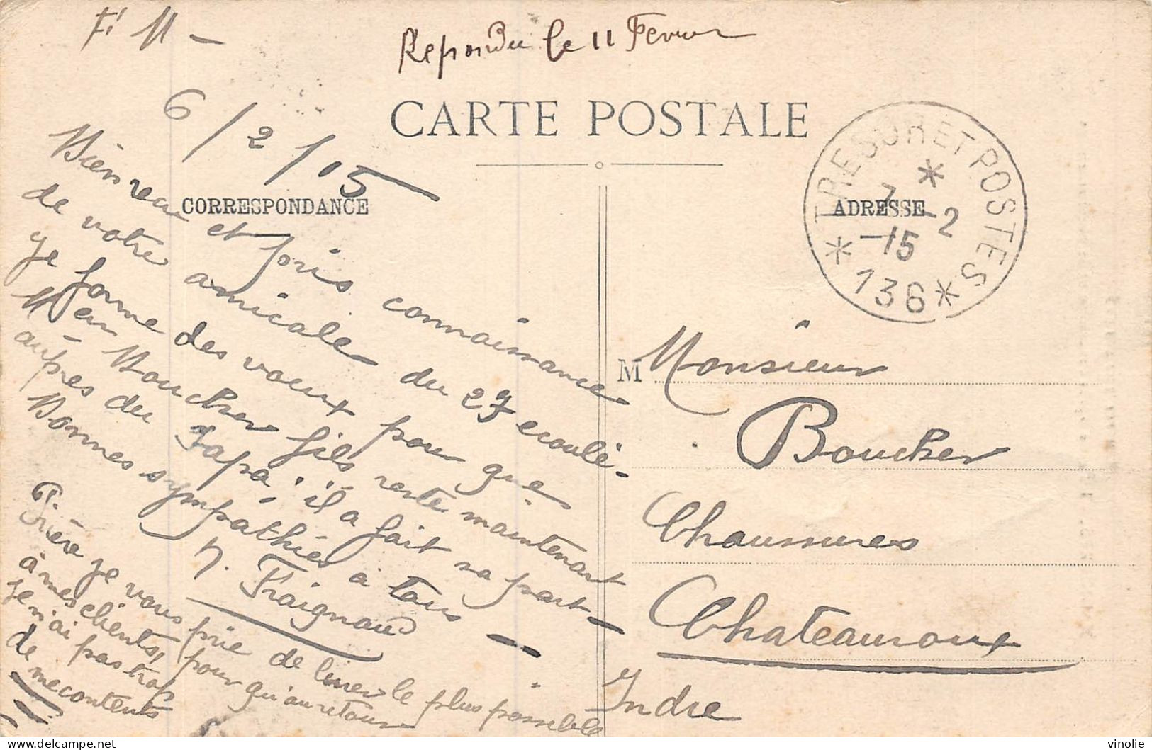 24-4010 : CACHET FRANCHISE. TRESOR ET POSTES. 7 FEVRIER 1915. N° 136. CARTE POSTALE DE MAGNIERES. MEURTHE ET MOSELLE - Guerre De 1914-18