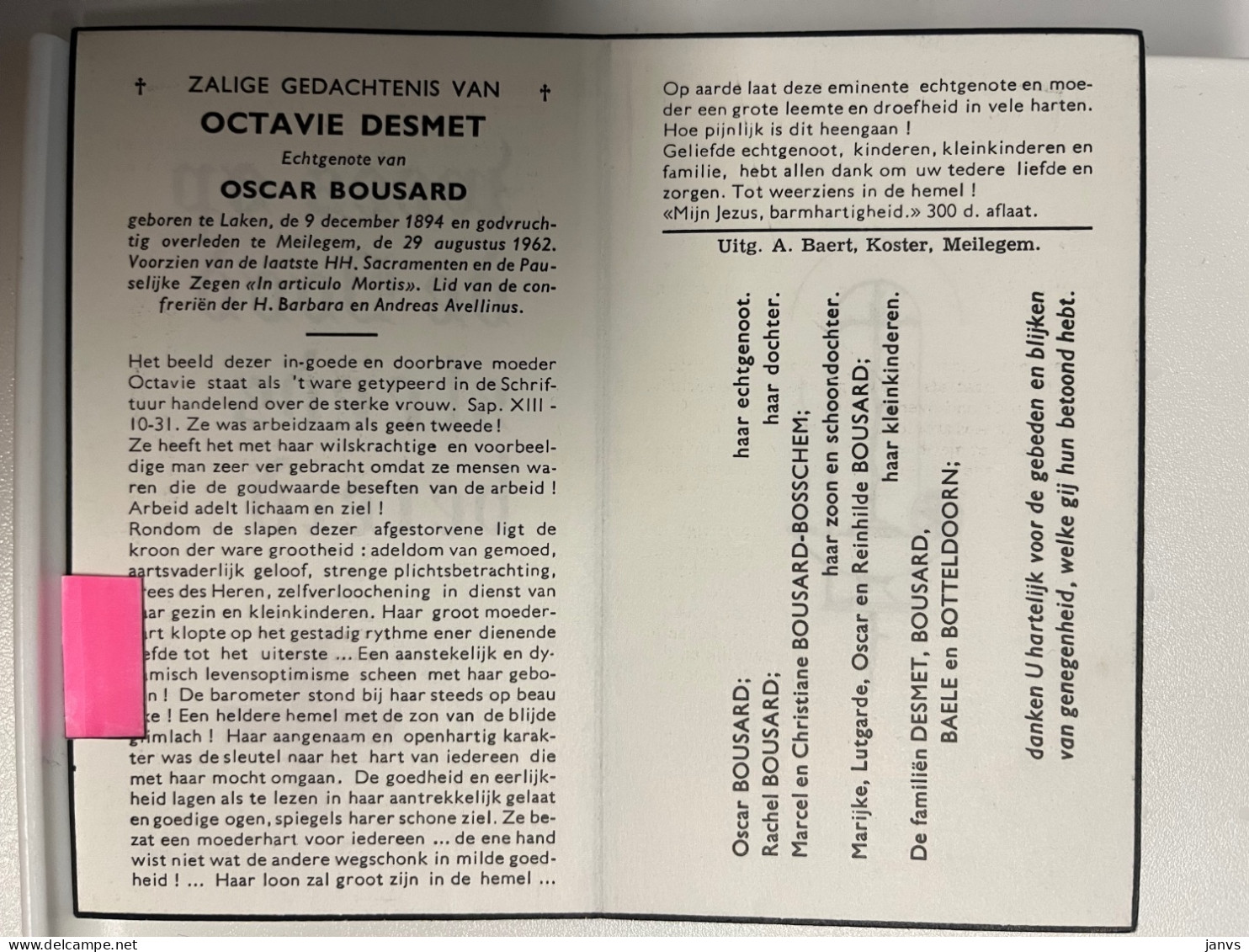 Devotie DP - Overlijden Octavie Desmet - Echtg Bousard - Lokeren 1894 - Meilegem 1962 - Décès