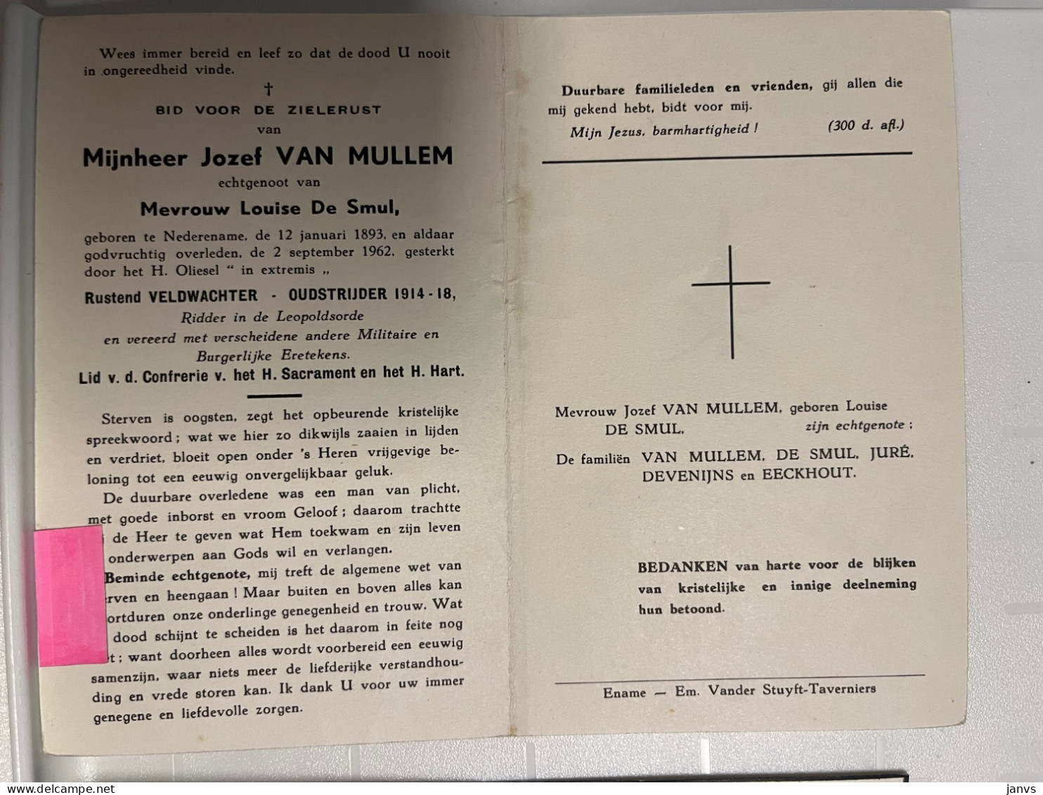 Devotie - Overlijden Jozef Van Mullem Echtg De Smul - Nederename 1893 - 1962 - Rustend Veldwachter - Oudstrijder '14-'18 - Avvisi Di Necrologio