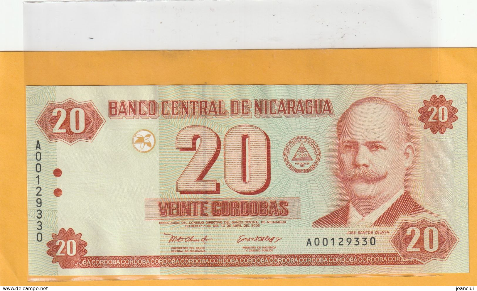 BANCO CENTRAL DE NICARAGUA  .  20 CORDOBAS  .  10 DE ABRIL DEL 2002  .  N°  A00129330  .  2 SCANNES - Nicaragua