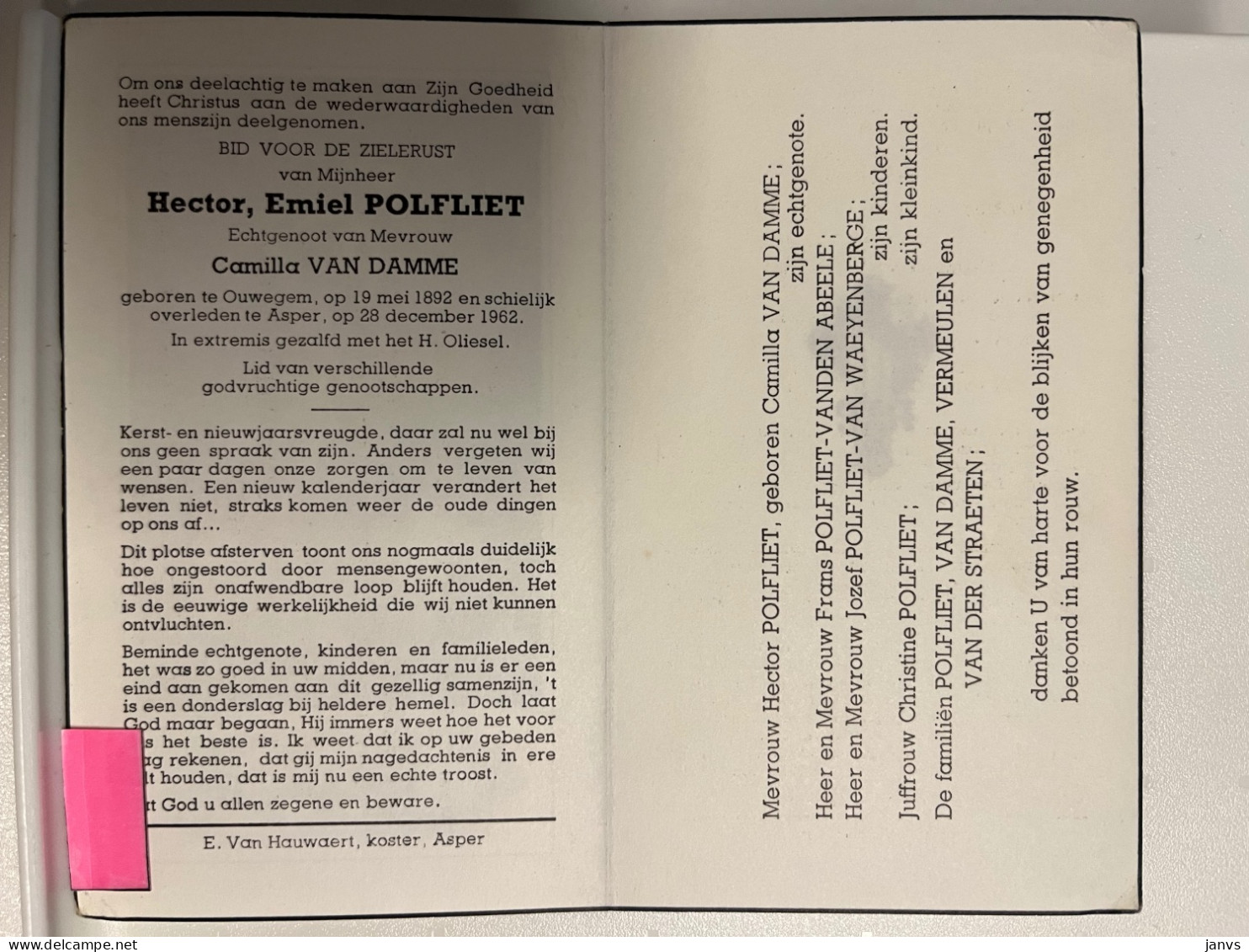 Devotie DP - Overlijden Hector Polfliet - Echtg Van Damme - Ouwegem 1892 - Asper 1962 - Avvisi Di Necrologio