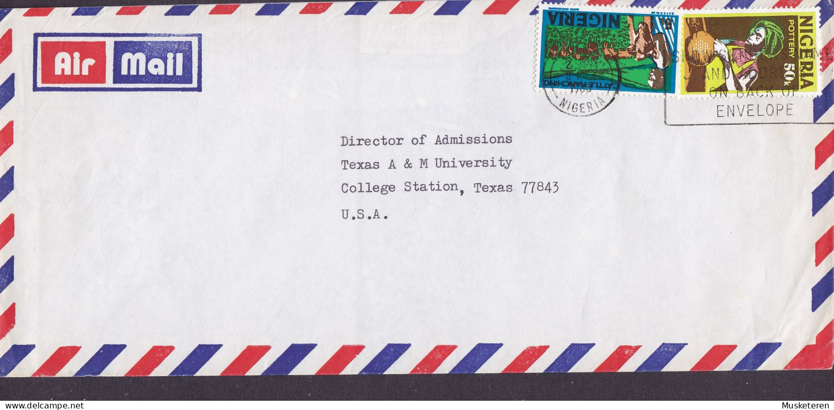 Nigeria Air Mail Flamme 'Show Sender's Name And Adress On Back Of Envelope' 1986 Cover Brief TEXAS United States Pottery - Nigeria (1961-...)