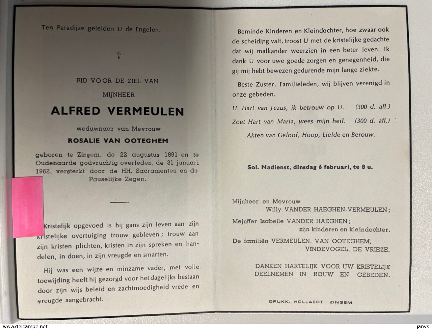 Devotie DP - Overlijden Alfred Vermeulen Wwe Van Ooteghem - Zingem 1891 - Oudenaarde 1962 - Avvisi Di Necrologio