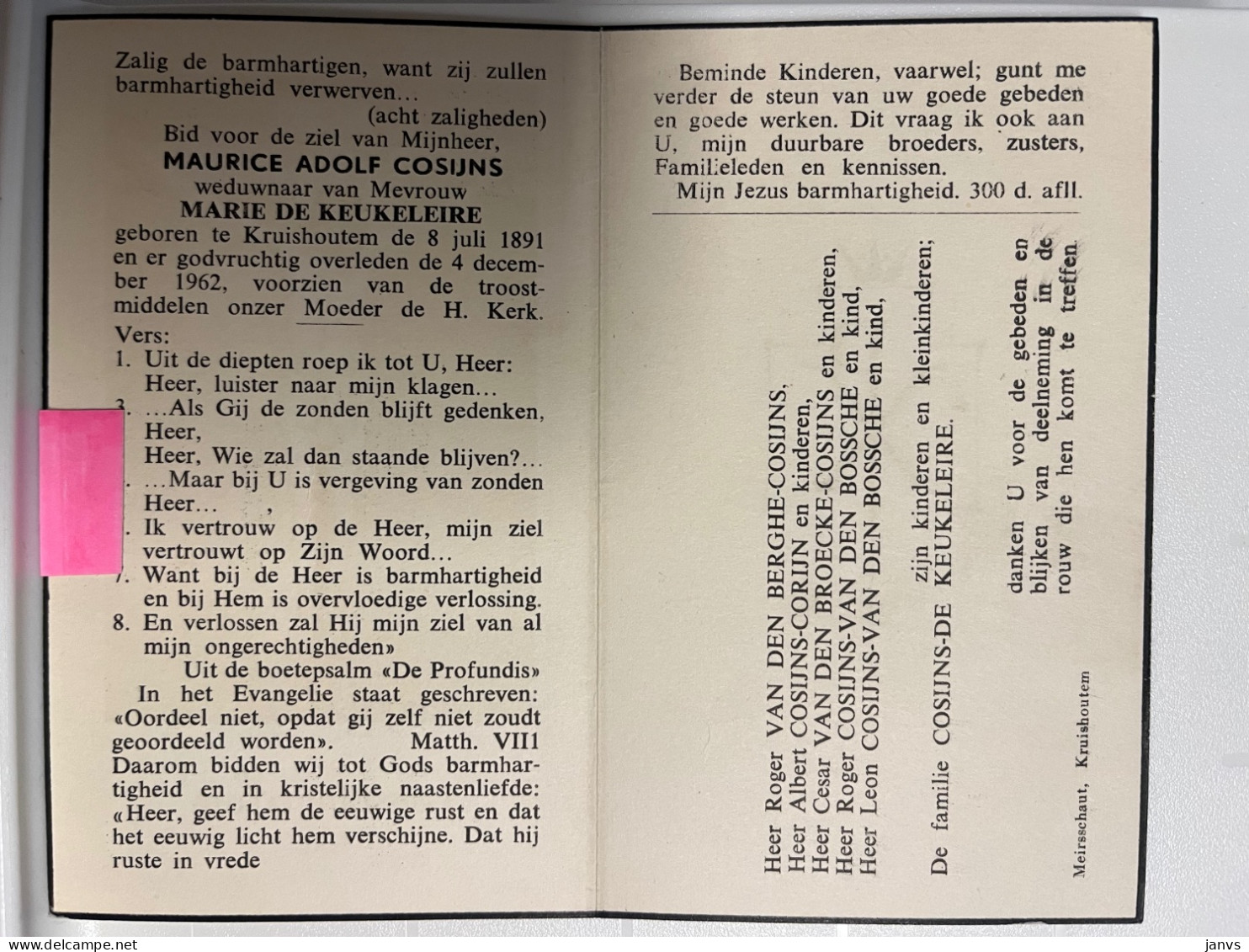 Devotie DP - Overlijden Maurice Cosijns - Wwe De Keukeleire - Kruishoutem 1891 - 1962 - Avvisi Di Necrologio