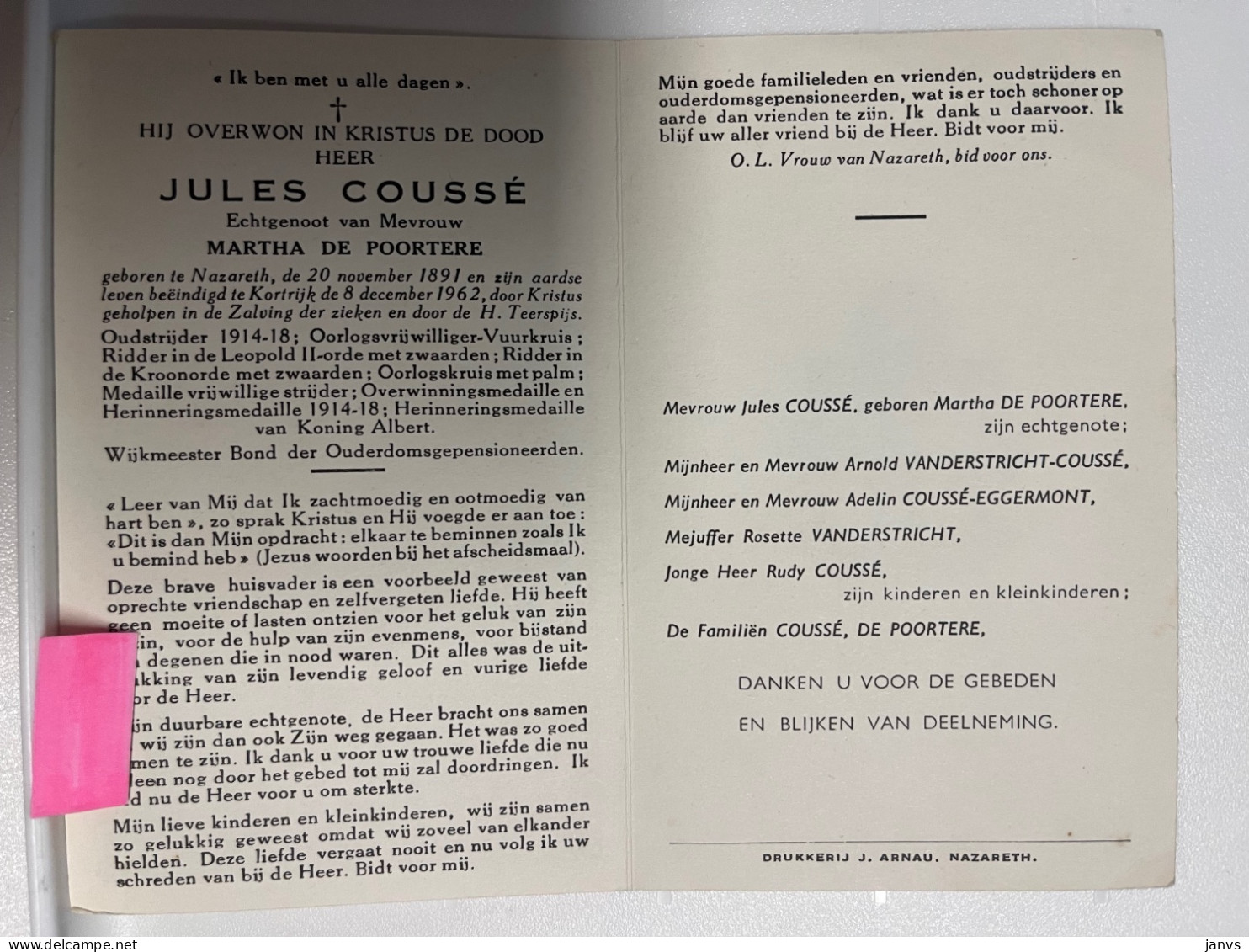 Devotie Jules Coussé - Echtg De Poortere - Nazareth 1891 - Kortrijk 1962 - Oudstrijder '14-'18 - Oorlogsvrijwilliger - Avvisi Di Necrologio