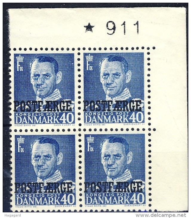 ##Denmark 1949. POSTFAERGE. Numbered Cornerbloc Of 4. Michel 32. MNH(**) - Postpaketten