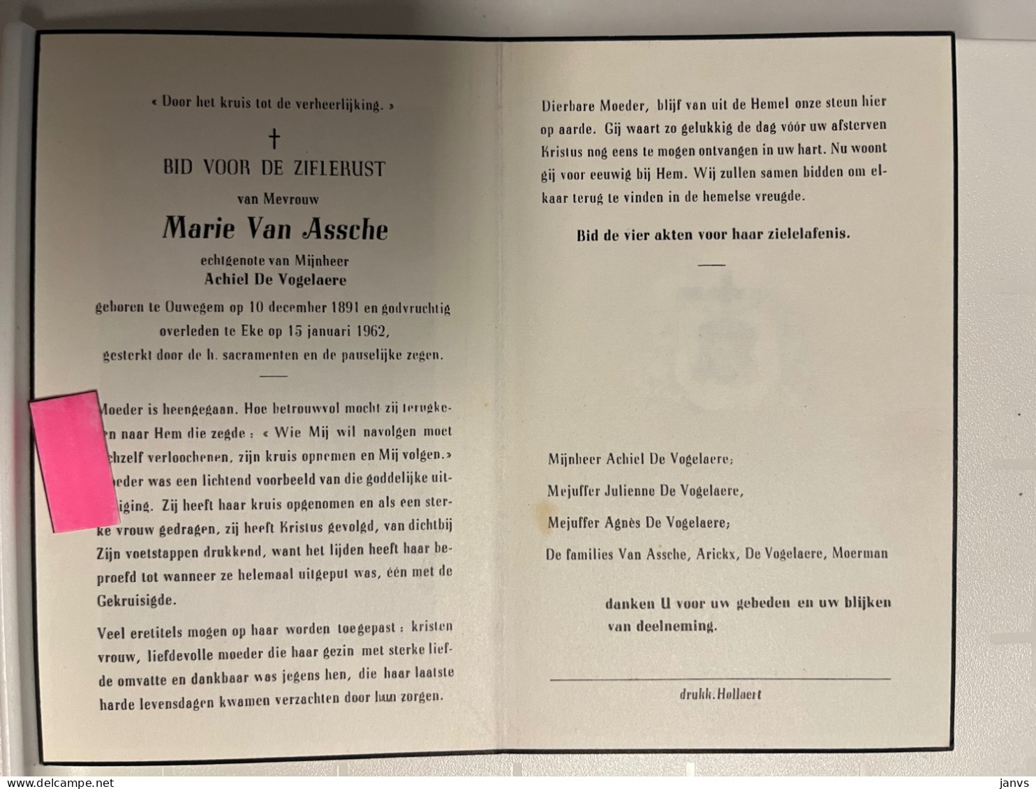 Devotie DP - Overlijden - Marie Van Assche - Echtg De Vogelaere - Ouwegem 1891 - Eke 1962 - Avvisi Di Necrologio