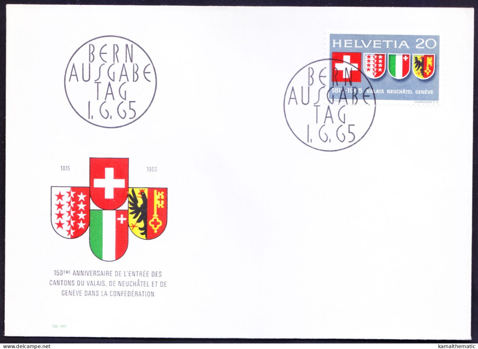 Switzerland 1965 FDC, Swiss Coat Of Arms And Of Valais, Neuchatel & Geneva - Briefe U. Dokumente