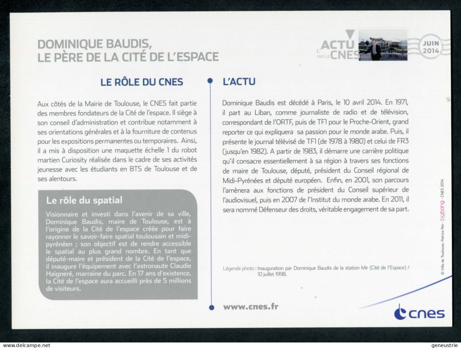 Carte Postale Maximum Non Postable Publicitaire CNES "Dominique Baudis" Centre Spatial De Toulouse - Space - Espace - Toulouse