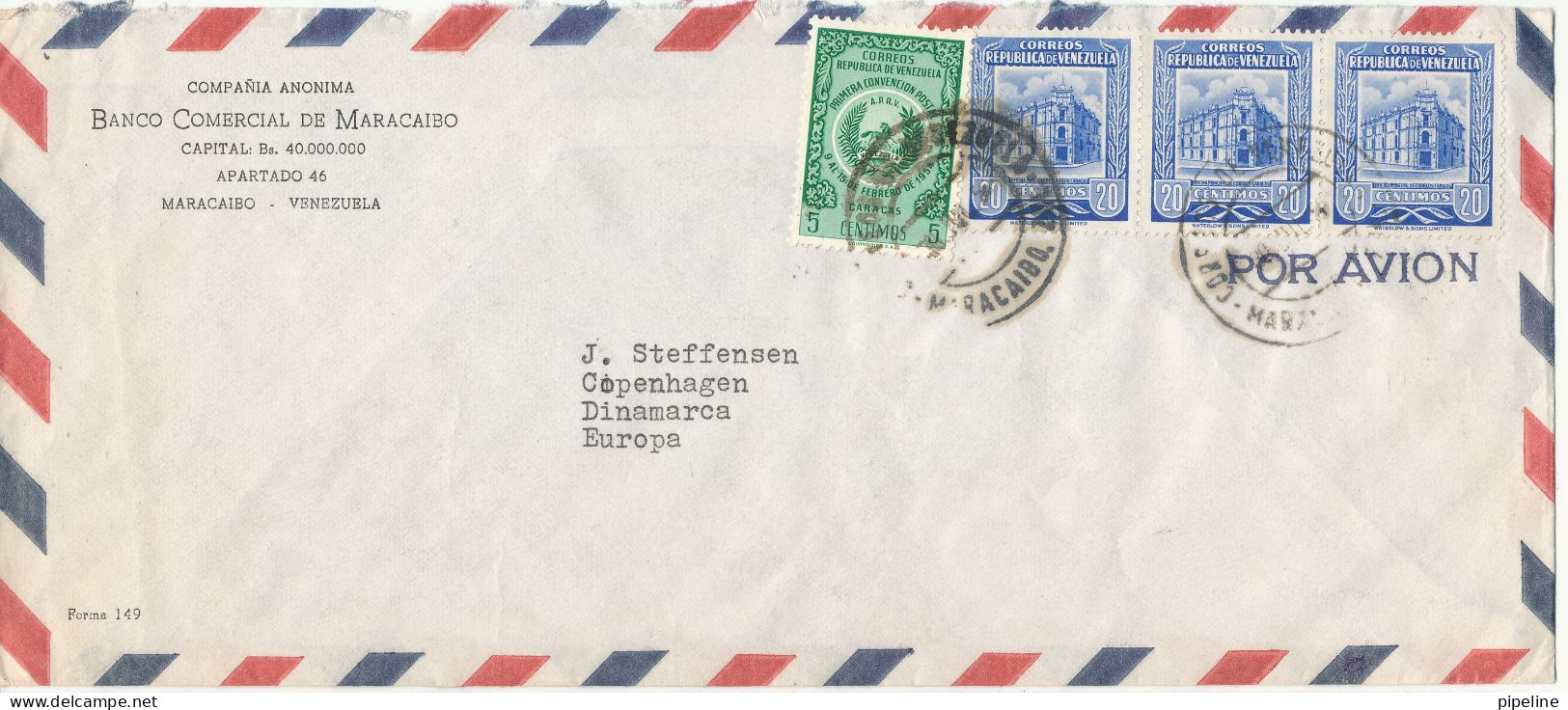 Venezuela Air Mail Bank Cover Sent To Denmark 30-7-1956 - Venezuela