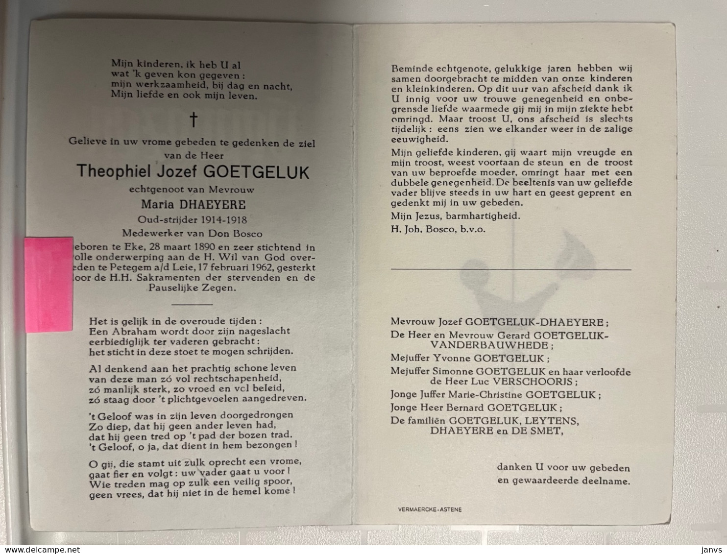 Devotie DP - Overlijden Theophiel Goetgeluk - Echtg Dhaeyere - Eke 1890 - Petegem Aan De Leie 1962 - Oudstrijder '14-'18 - Avvisi Di Necrologio