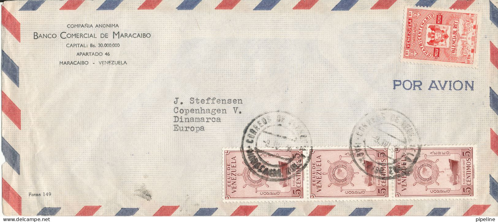 Venezuela Air Mail Bank Cover Sent To Denmark 9-7-1956 - Venezuela