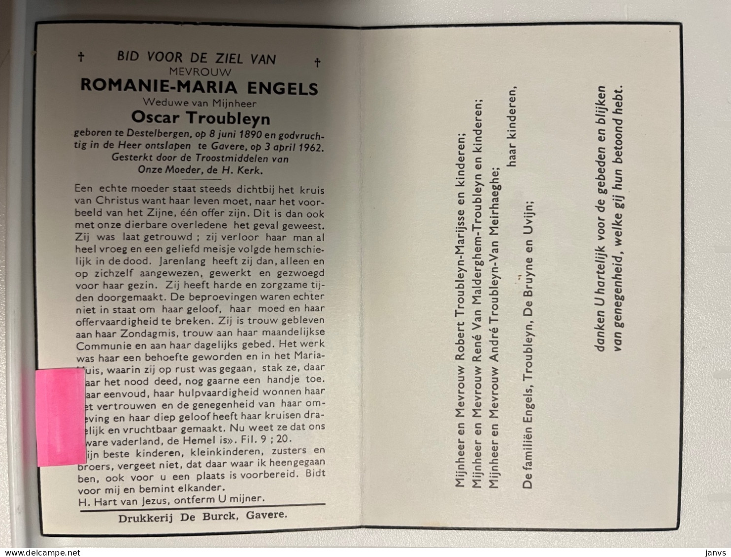 Devotie DP - Overlijden Romanie Engels - Wwe Troubleyn - Destelbergen 1890 - Gavere 1962 - Décès