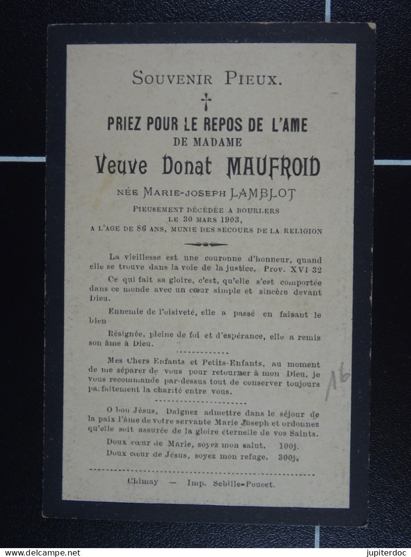 Marie-Joseph Lamblot Vve Maufroid Bourlers 1903 à 86 Ans /16/ - Santini