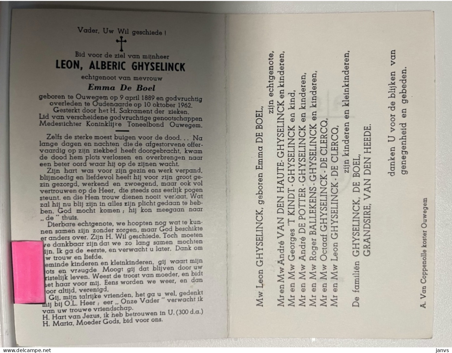 Devotie DP - Overlijden Leon Ghyselinck - Echtg De Boel - Ouwegem 1889 - Oudenaarde 1962 - Décès