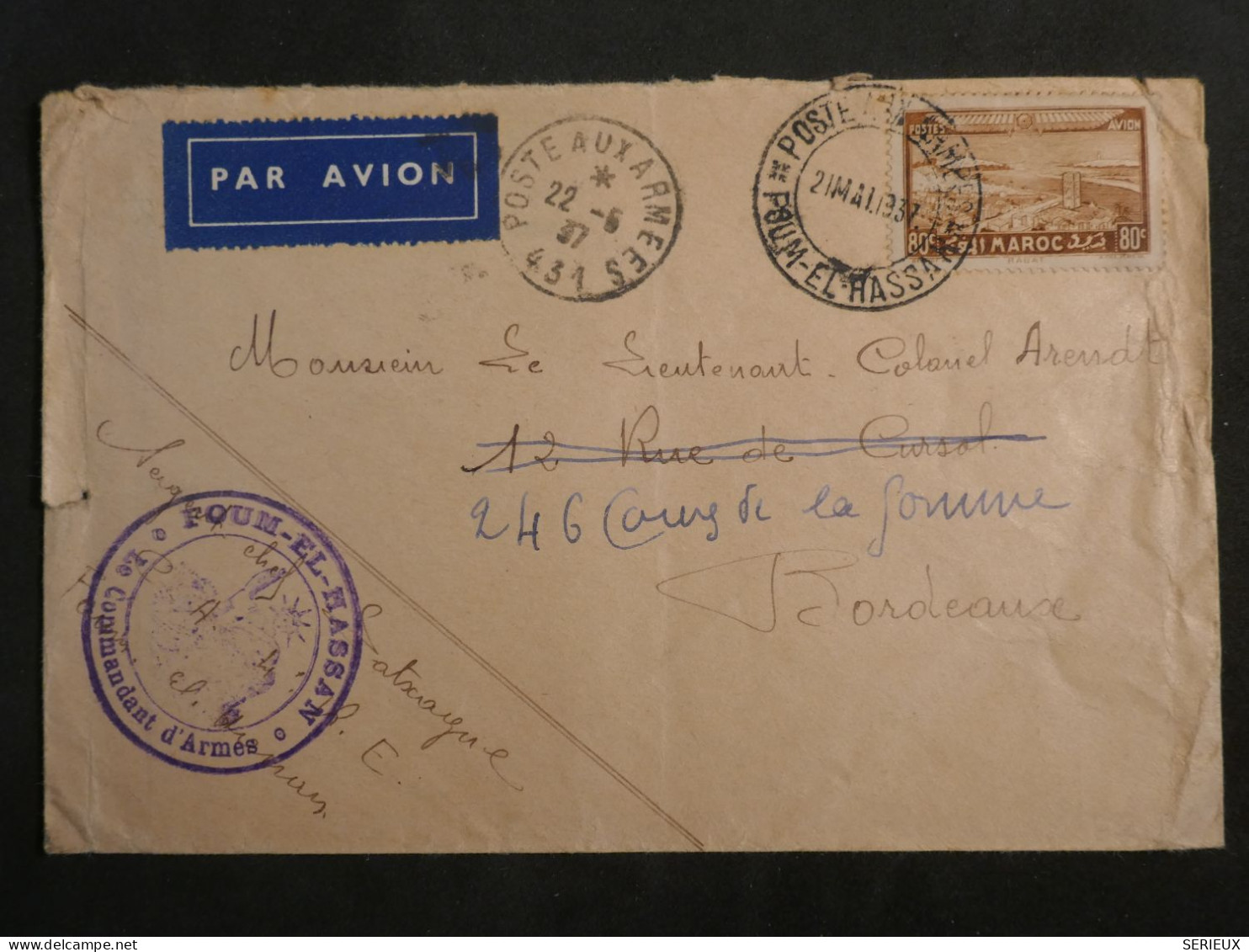 DL0  MAROC  LETTRE RR  1937  FOUM EL HASSAN  A BORDEAUX FRANCE + +AFF.  INTERESSANT+ + - Lettres & Documents