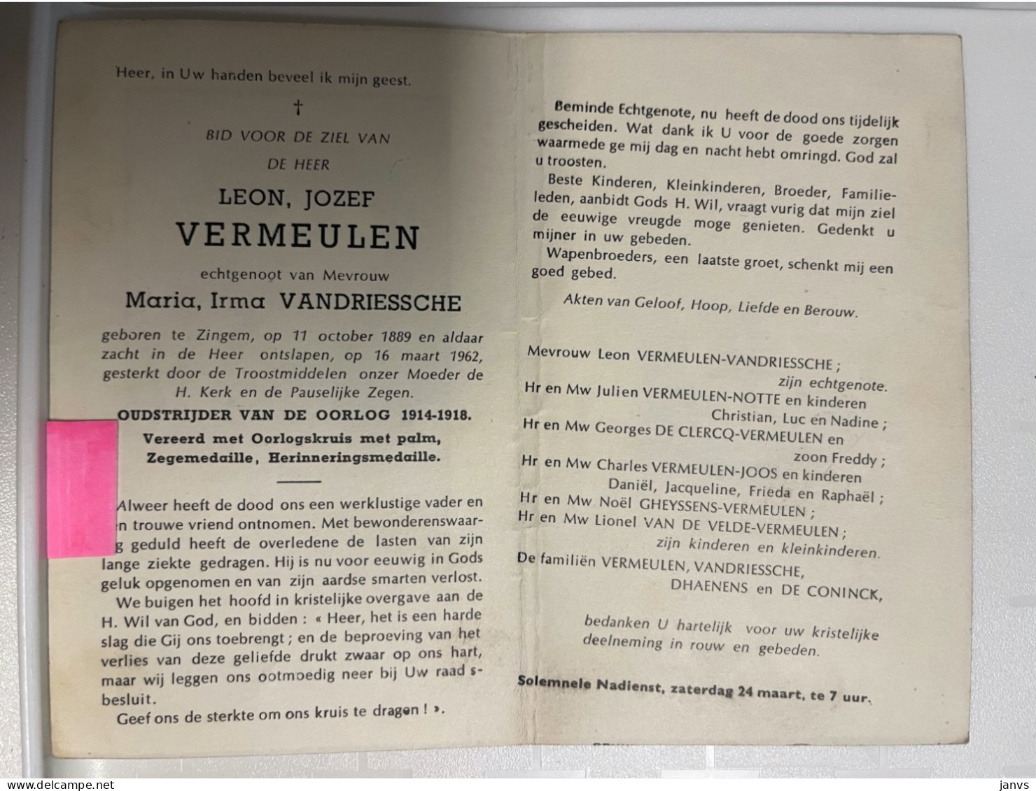 Devotie DP - Overlijden Leon Vermeulen - Echtg Vandriessche - Zingem 1889 - 1962 - Oudstrijder '14-'18 - Avvisi Di Necrologio