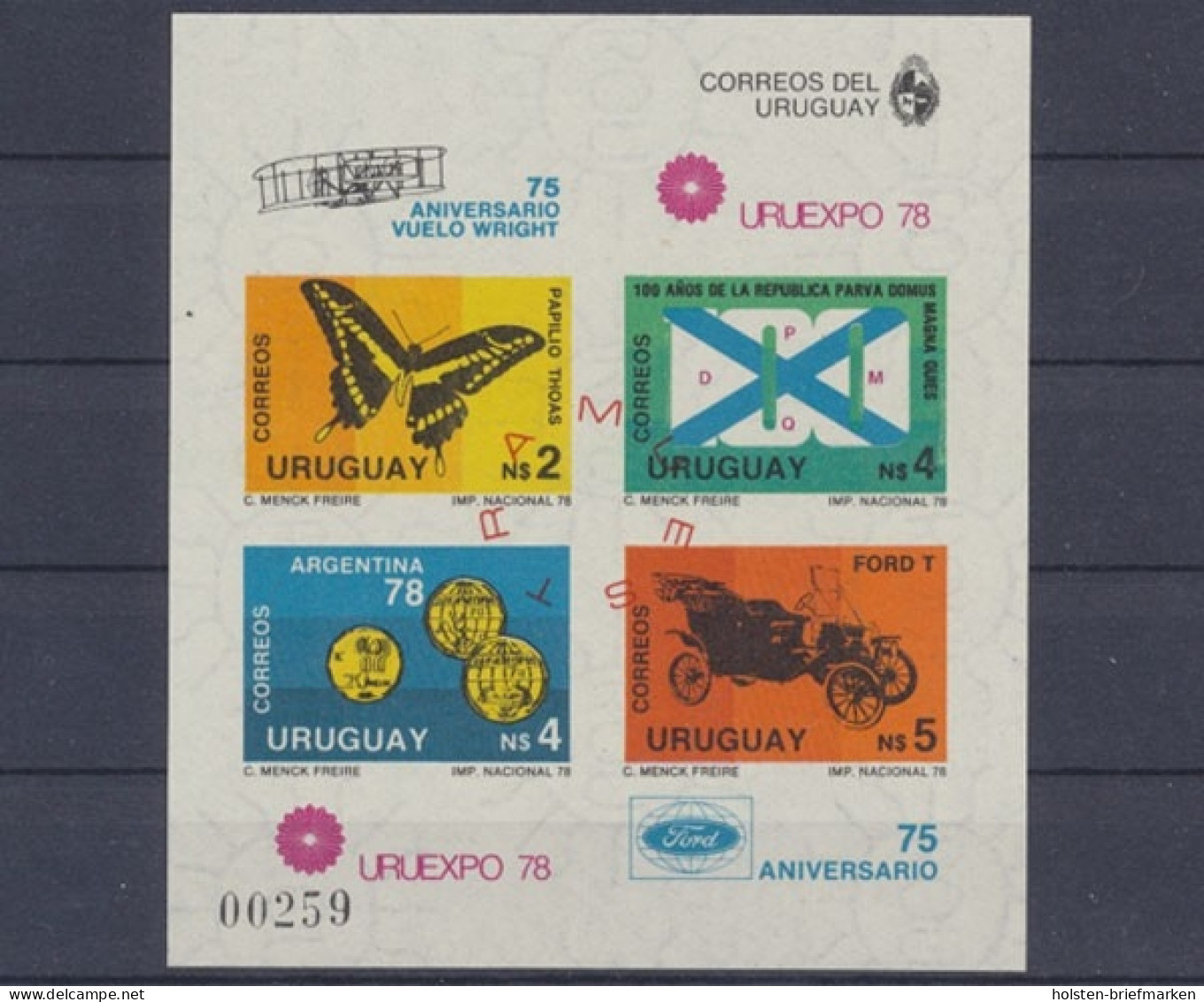 Uruguay, Fußball, MiNr. Block 40 B, Muestra Aufdruck, Postfrisch - Uruguay