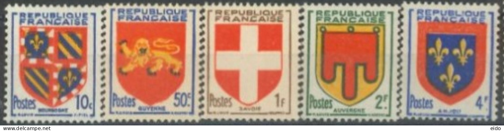 FRANCE -1949 - COAT OF ARMS STAMPS COMPLETE SET OF 5,  # 834/38, UMM (**). - Neufs