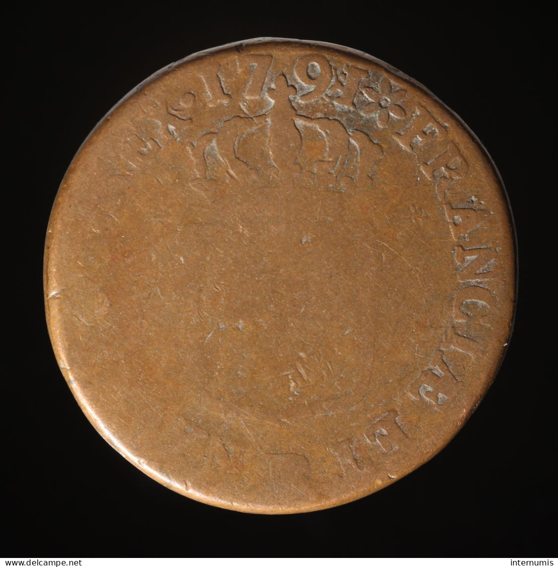  France, Louis XVI, 1 Sol, 1791, Strasbourg, Cuivre (Copper), B (VG),
KM#578.4 - 1774-1791 Louis XVI