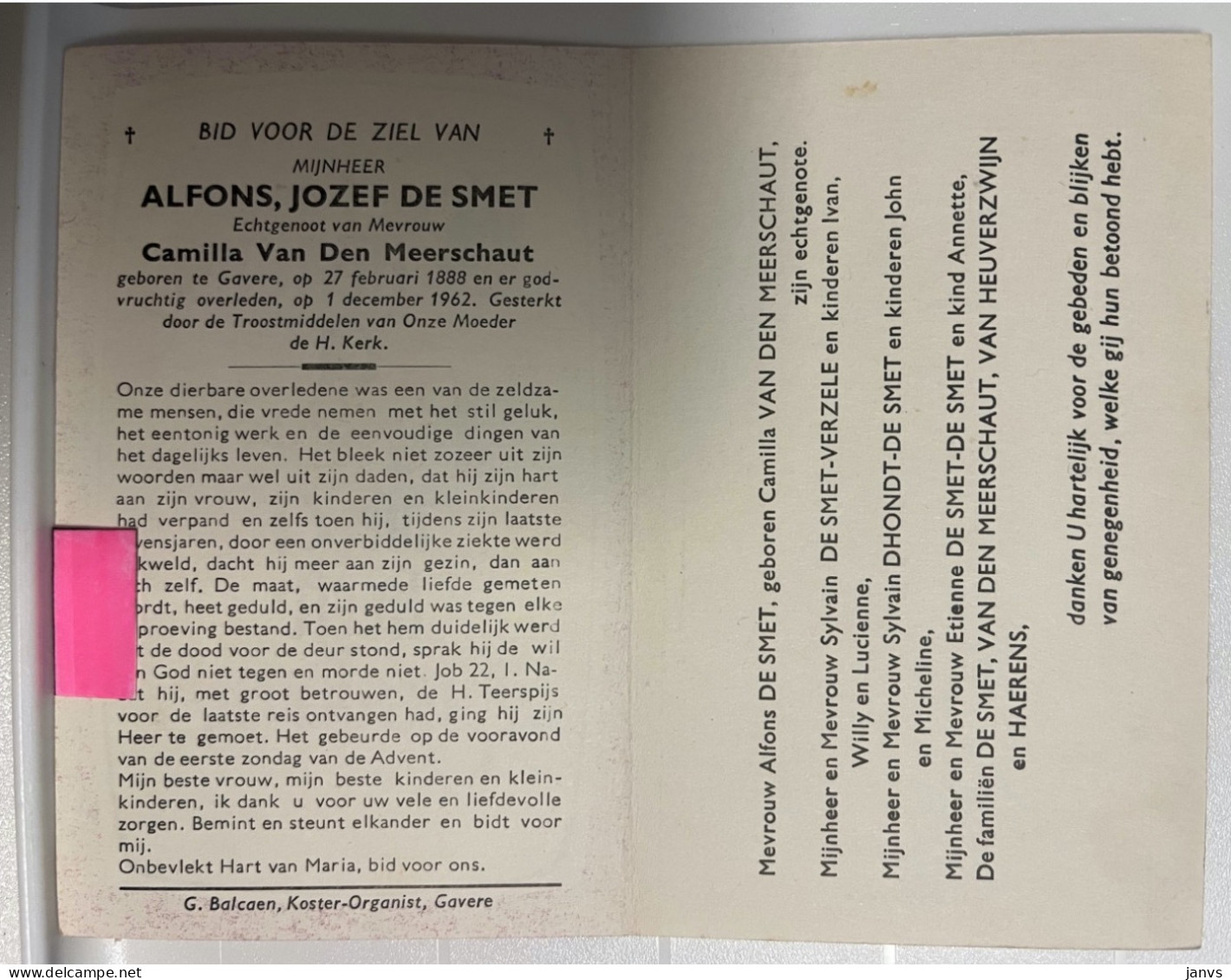 Devotie DP - Overlijden Alfons De Smet - Echtg Van Den Meerschaut - Gavere 1888 - 1962 - Avvisi Di Necrologio