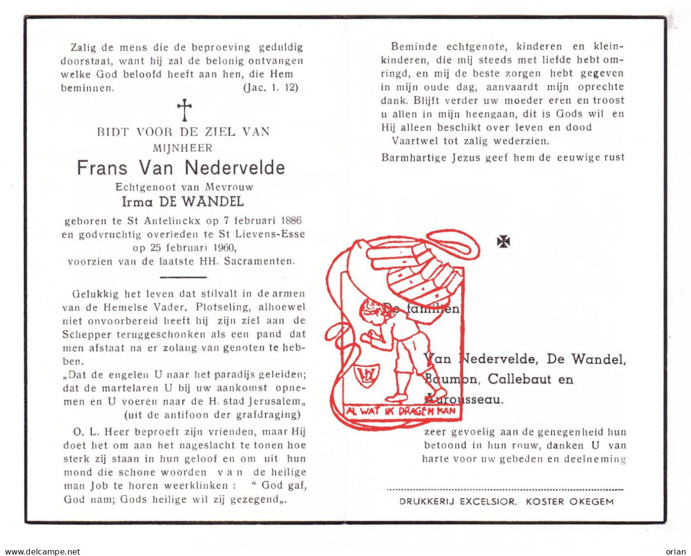 DP Frans Van Nedervelde ° Sint-Antelinks Herzele 1886 †  Sint-Lievens-Esse 1960 // Baumon Callebaut Aurousseau - Santini