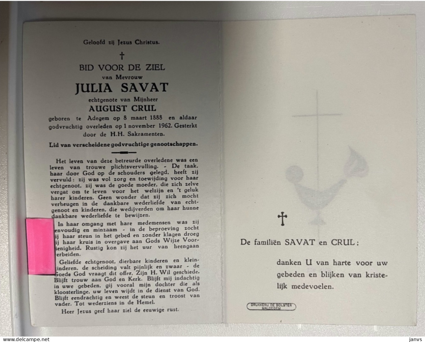 Devotie DP - Overlijden Julia Savat - Echtg Crul - Adegem 1888 - 1962 - Décès