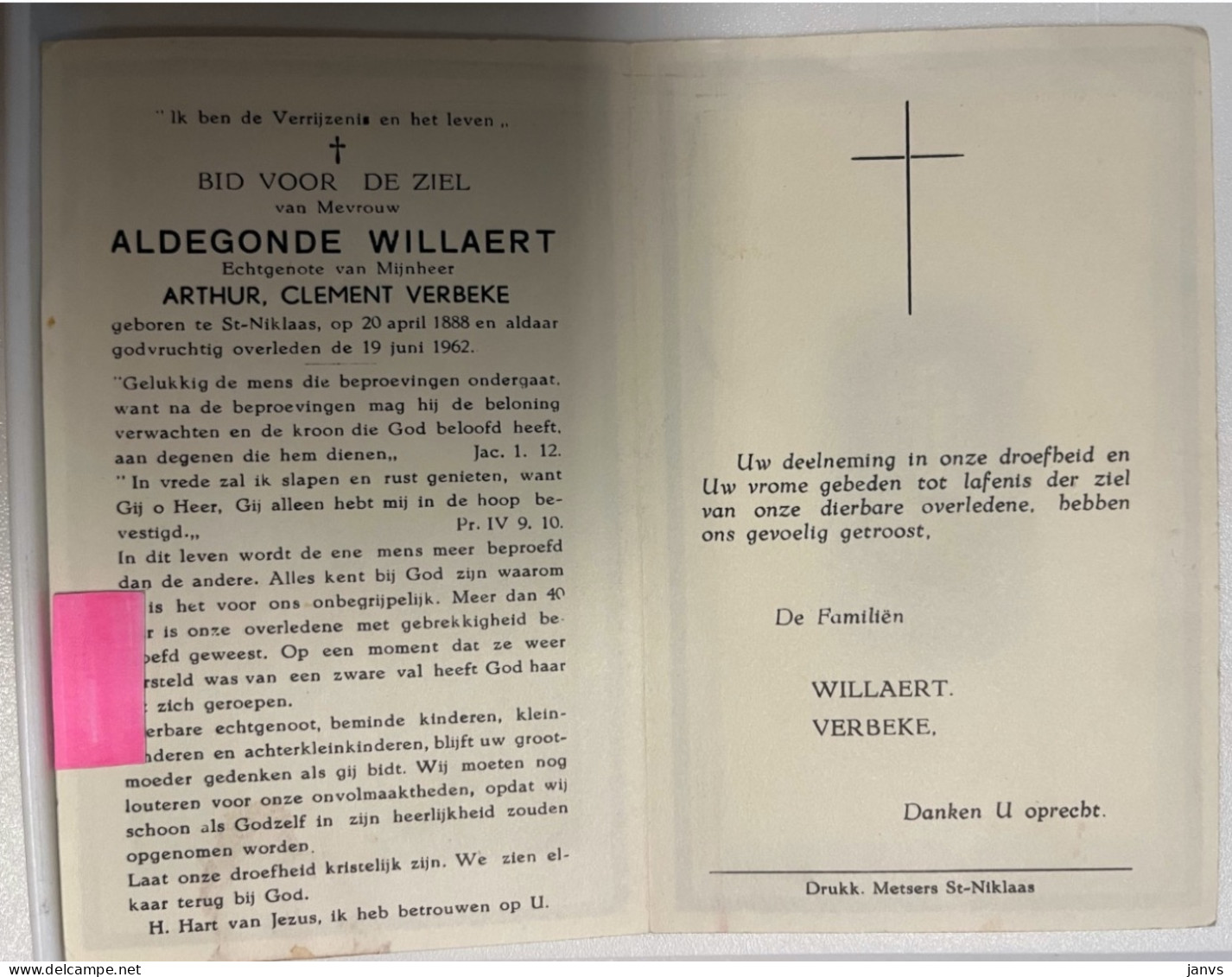 Devotie DP - Overlijden Aldegonde Willaert - Echtg Verbeke - Sint-Niklaas 1888 - 1962 - Avvisi Di Necrologio