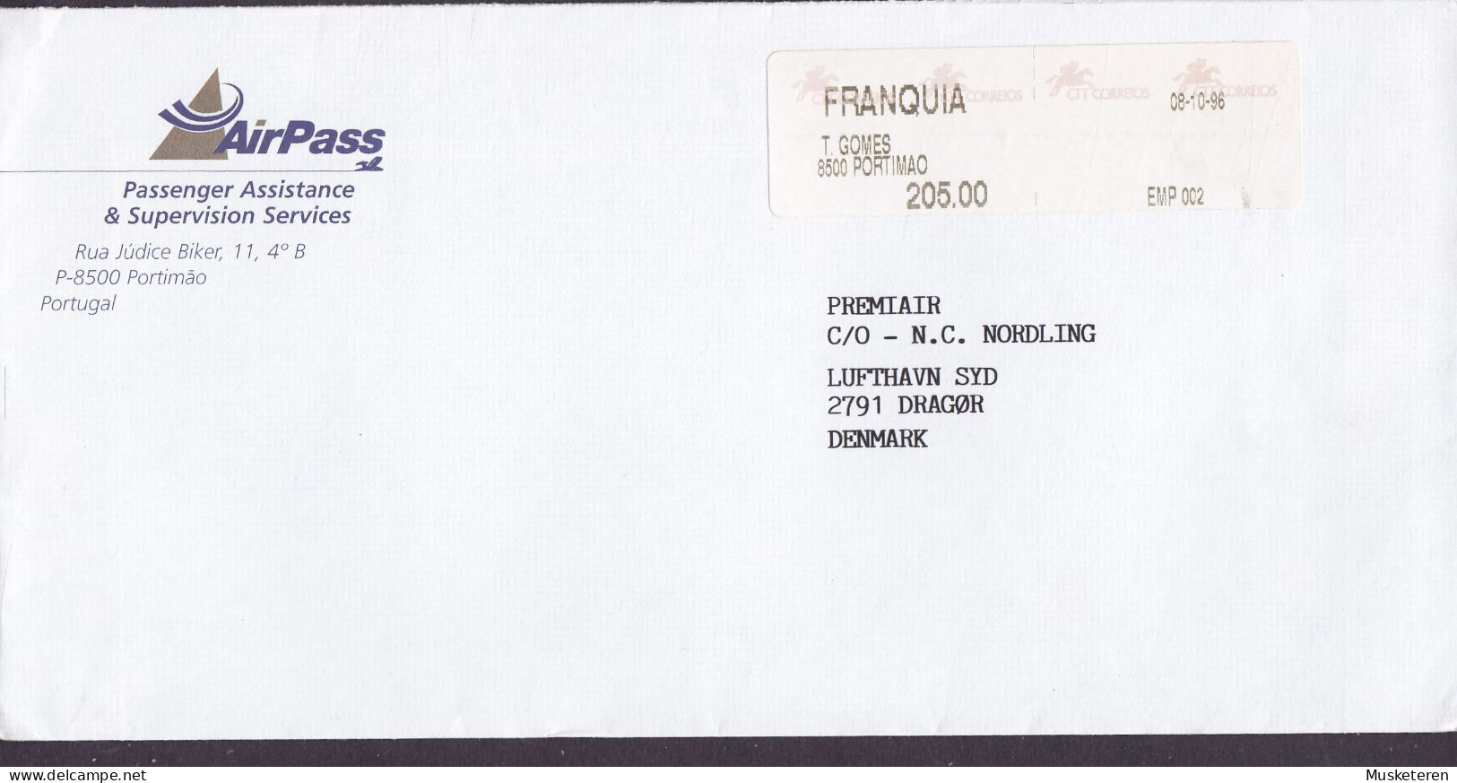 Portugal AIRPASS, FRANQUIA Label T. GOMES & PORTIMAO 1996 Meter Stamp Cover Letra Denmark - Storia Postale