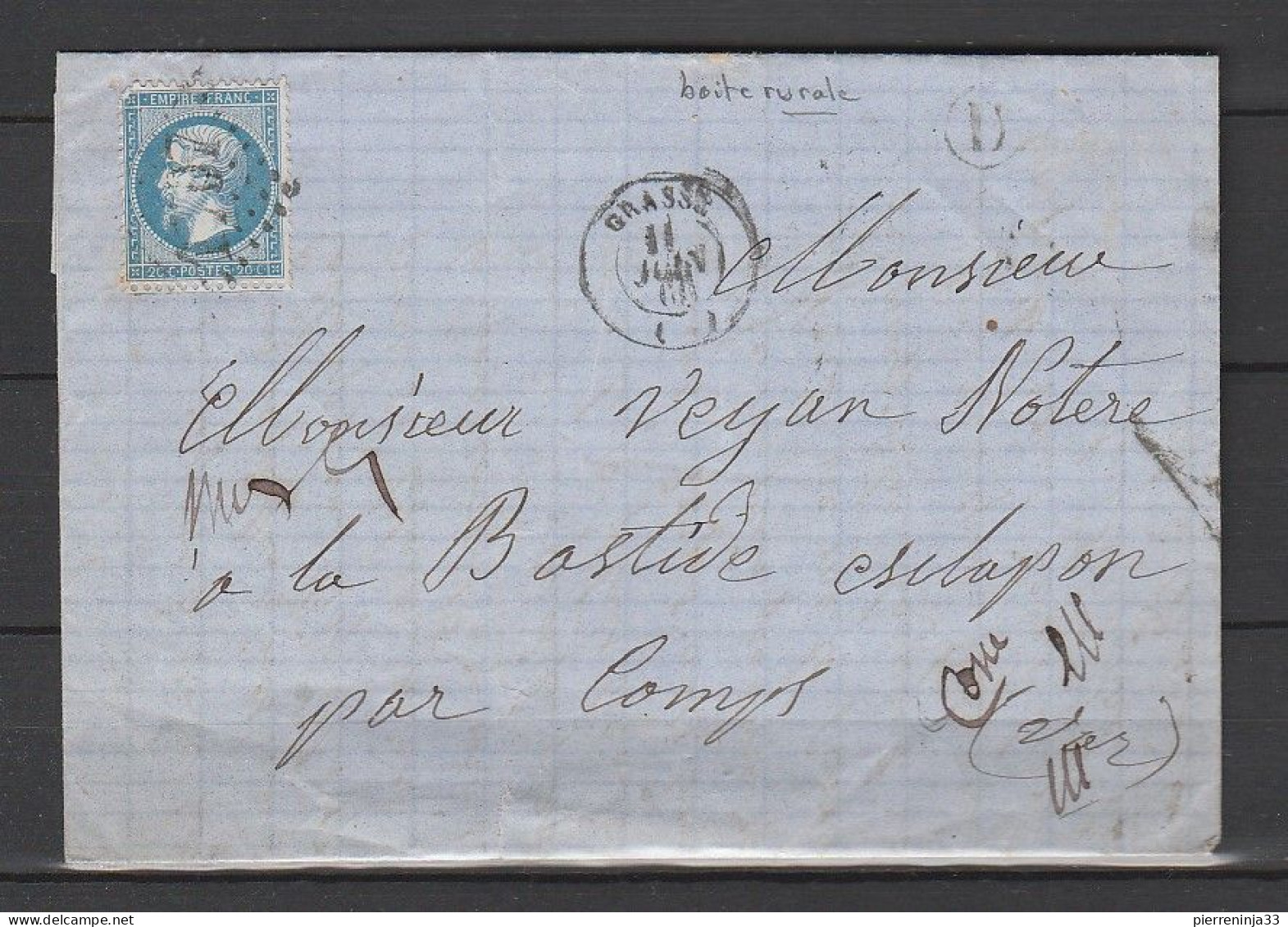 Lettre Avec Napoléon N°22, Grasse G.C.1707, Boîte Rurale D, Le Tignet, Alpes Maritimes - 1862 Napoleon III