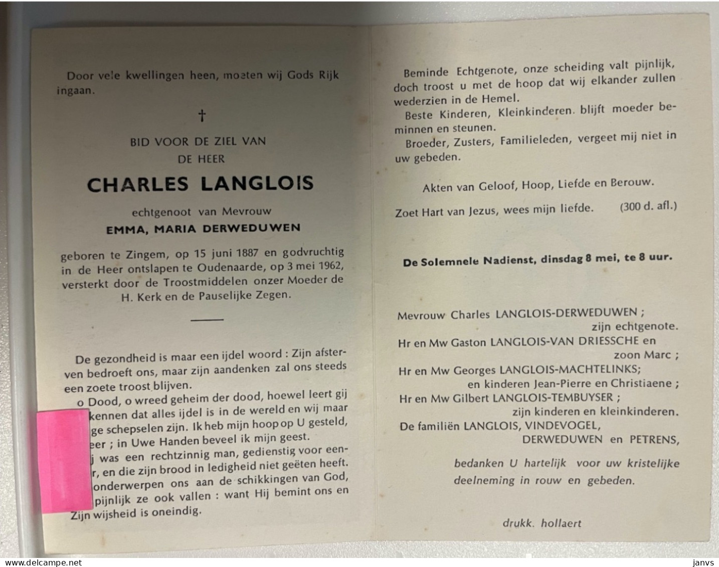 Devotie DP - Overlijden Charles Langlois - Echtg Derweduwen - Zingem 1887 - Oudenaarde 1962 - Avvisi Di Necrologio