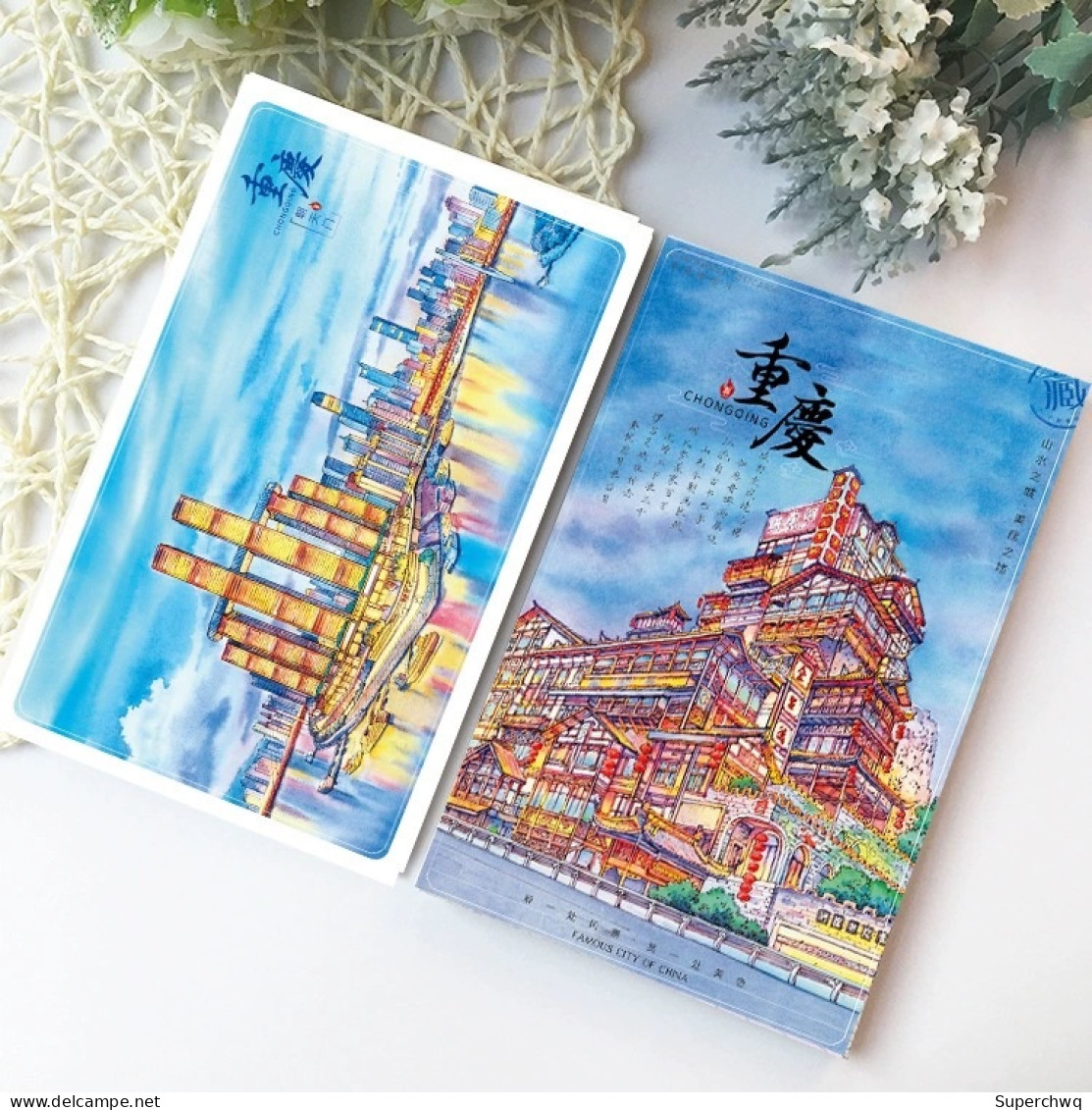 China Postcard Chongqing Landscape Handdrawn Bookmark Postcard, Hongya Cave Ciqikou，11pcs - Chine