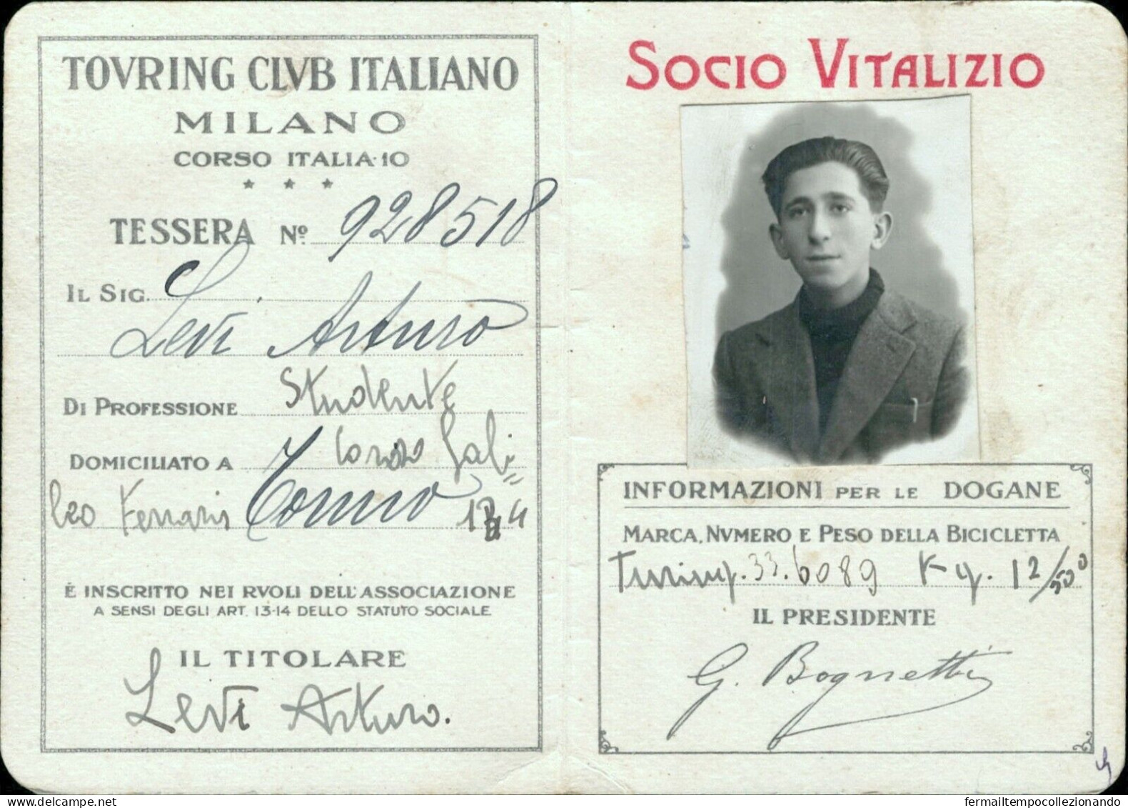 Ac953 Tessera Touring Club Italiano Milano Socio Vitalizio Con Foto - Tessere Associative