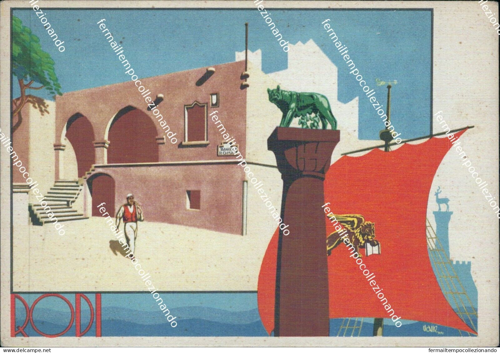 Ac959 Cartolina Coloniale Colonie Rodi Egeo Grecia Filiale Del Banco Di Roma - Autres & Non Classés
