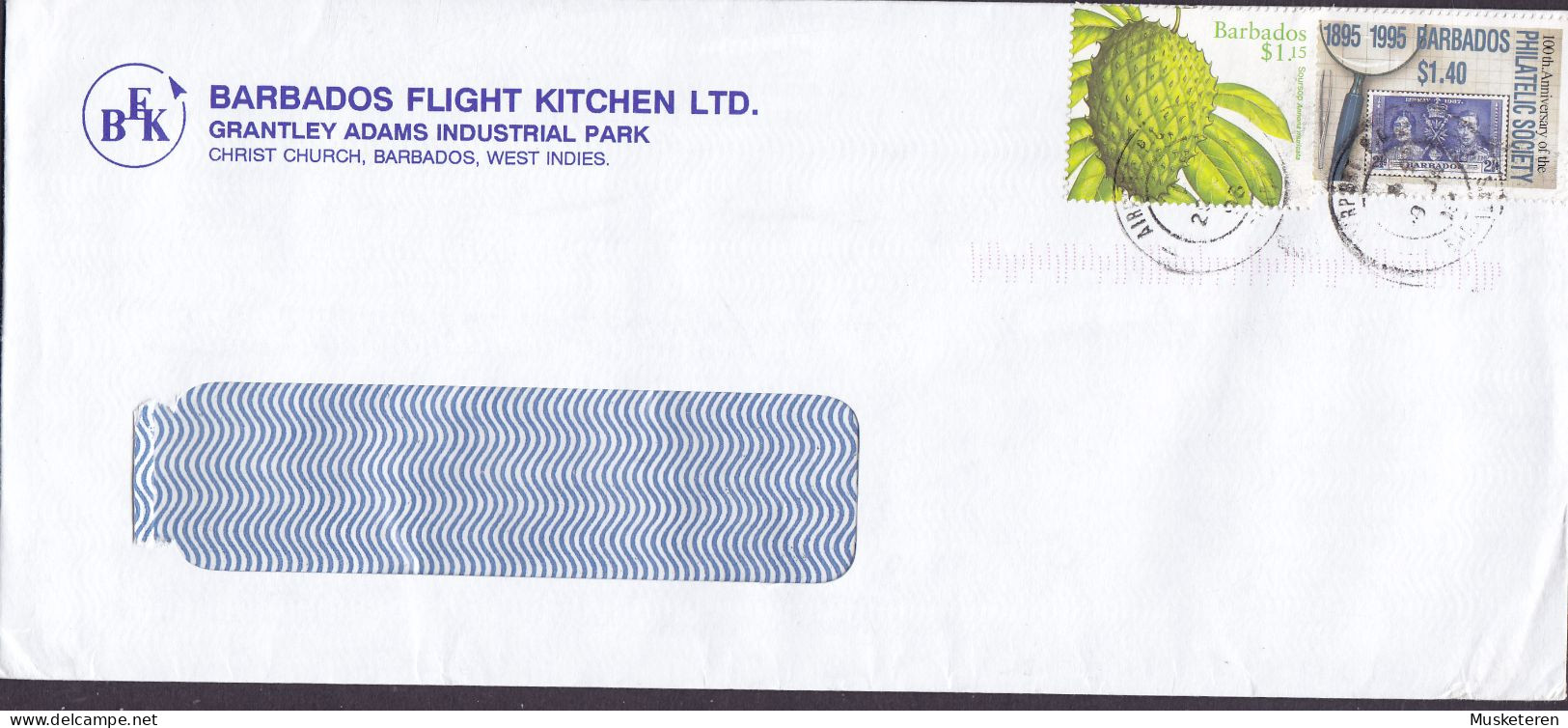 Barbados BARBADOS FLIGHT KITCHEN, AIRPORT P. O. E. 3, 1996 Cover Brief $1.15 Fruit & 1.40$ Philatelic Society - Barbados (1966-...)