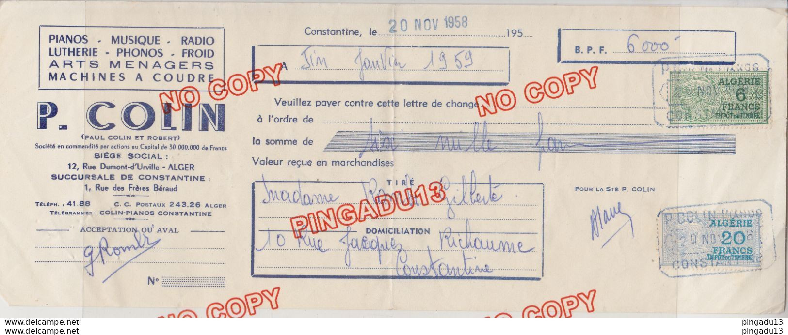 Au Plus Rapide Algérie Alger Timbre Fiscal P Colin Piano Radio Phonographe ...février 1959 - Andere & Zonder Classificatie