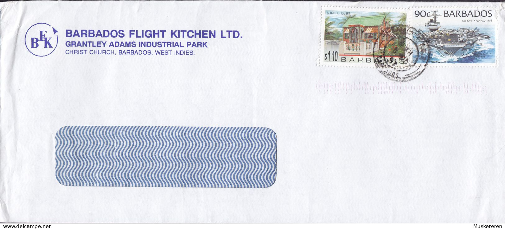 Barbados BARBADOS FLIGHT KITCHEN, AIRPORT P. O. E. 3, 1997 Cover Brief $1.10 Chattel House & 90c. USS John F. Kennedy - Barbades (1966-...)