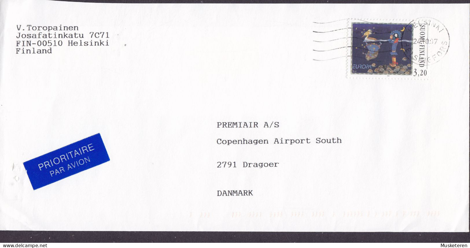 Finland PRIORITAIRE Par Avion Label HELSINKI 1997 Cover Brief DRAGOER Amager Denmark Europa CEPT & CANARIAS Vignette - Brieven En Documenten