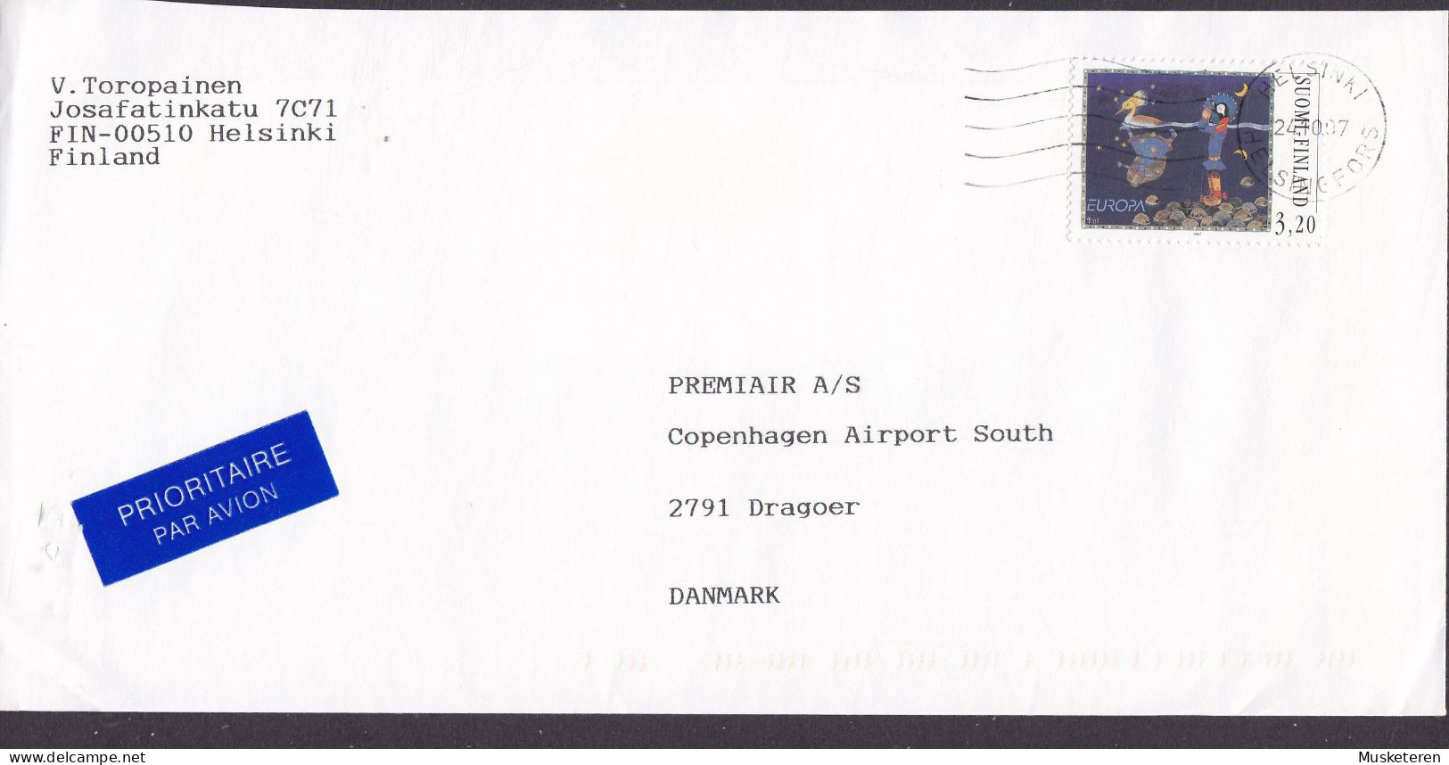 Finland PRIORITAIRE Par Avion Label HELSINKI 1997 Cover Brief DRAGOER Amager Denmark Europa CEPT & CANARIAS Vignette - Storia Postale