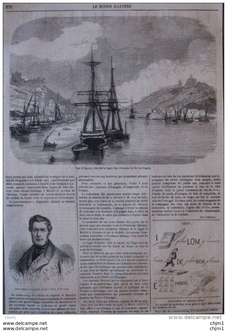 Jules Coignet, Paysagiste - Vue D'Oporto, Tête De La Ligne Des Chemins De Fer Portugais - Page Original 1860 - Documenti Storici