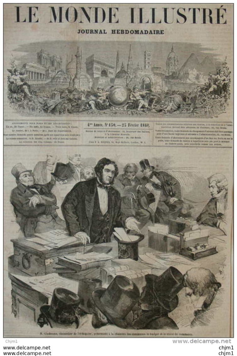 M. Gladstone, Chancelier De L'échiquier, Présentant à La Chambre Des Communes - Page Original 1860 - Documenti Storici