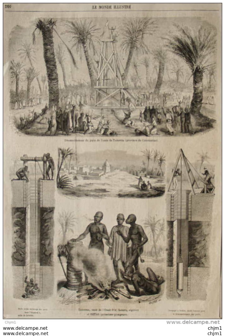 Tamerna, Oasis De L'Oued-R'ir, Sahara, Algérien Et Retas (puisatiers Plongeurs) - Page Original 1860 - Documents Historiques