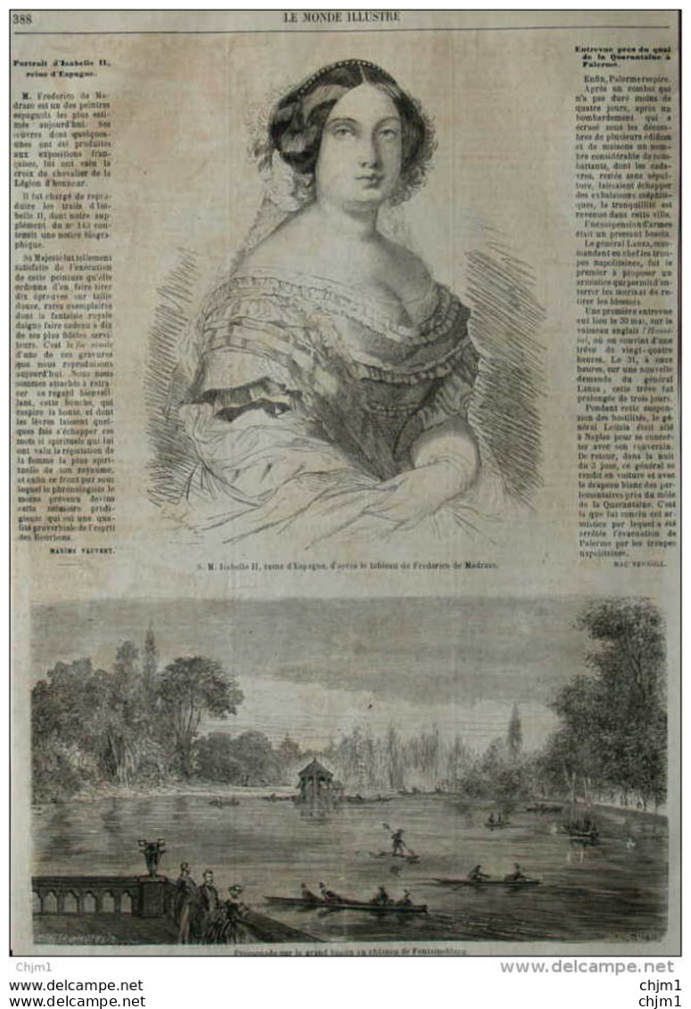 S. M. Isabelle II, Reine D'Espagne  - Promenade Sur Le Grand Bassin Au Château De Fontainebleau - Page Original 1860 - Historische Dokumente